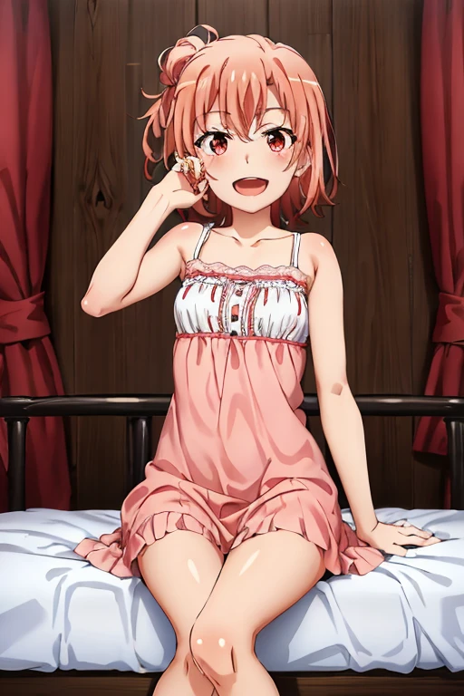 ((highest quality)), ((masterpiece)), (be familiar with), Perfect Face, indoor, Bedroom, Watching the audience,
One woman, Yuigahama Yui,
Open Mouth, Ecstatic expression, blush, smile,
Small breasts, Flat Chest, Young Girl, , , Girl,
Short Hair, Salmon-colored hair, Salmon-colored eyes, Side Pony,
Leg spread,