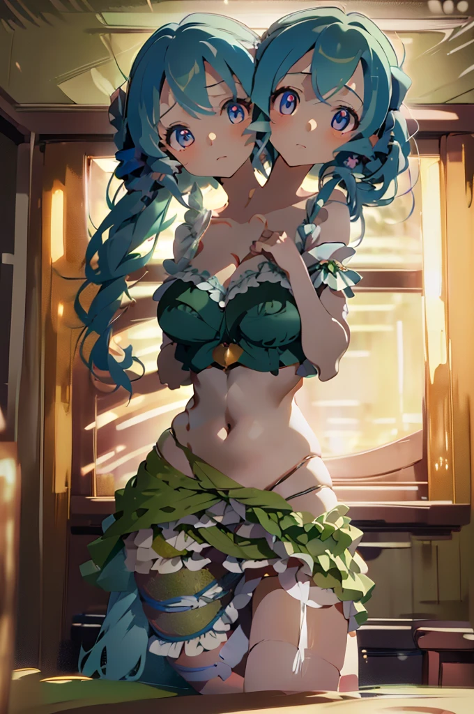 (masterpiece, best quality), best quality, (ultra-detailed), (3heads:1.5), 1girl, (ultra-detailed), (3heads:1.5), 1girl, (wakasagihime:1.3), masterpiece, best quality, ultra quality, ultra resolution, ultra detail, green top, crop top, ((stomach)), midriff, ((groin)), green skirt, normal ears, shackles, blue hair, very long hair, wavy hair, sidelocks, blue eyes, parted lips, single horn, sweat, cute, toned belly, hand on own chest, eyelashes, (24 year old woman:1.3), (masterpiece:1.5), (best quality:1.5), (beautiful detailed), extremely detailed CG, extremely delicate and beautiful, depth of field, (finely detailed face), (perfect details:1.2), (mature female:1.3), wide pelvis, slender, large veiny breast, 16k resolution, highres, high quality, high definition, extremely detailed, masterpiece, best quality, blue hair, long hair, alluring presence, braid, short skirt, close up, big tits, young, drill hair, mermaid, japanese clothes, frills,
