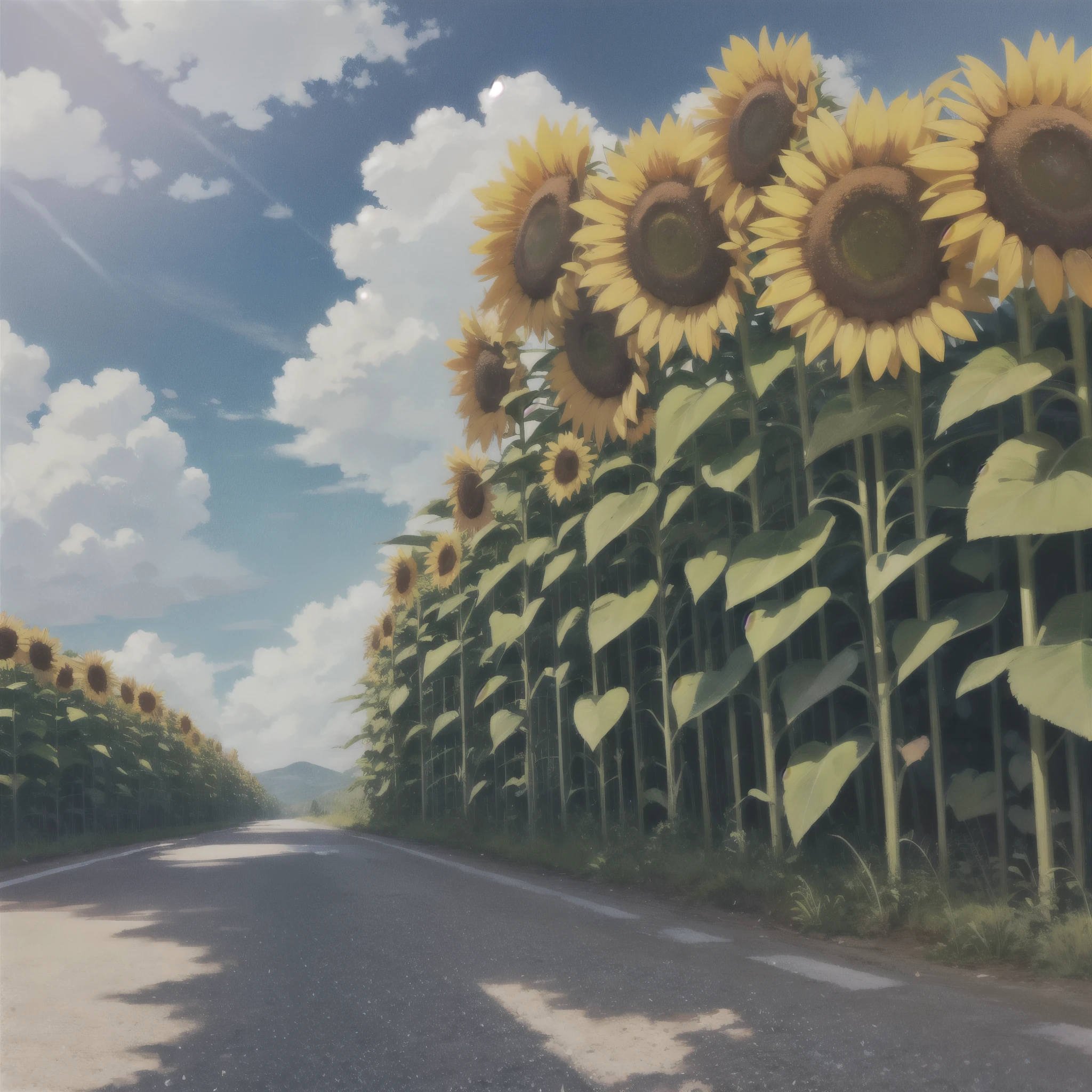 sunflower, Gravel road, blue sky, White cloud  