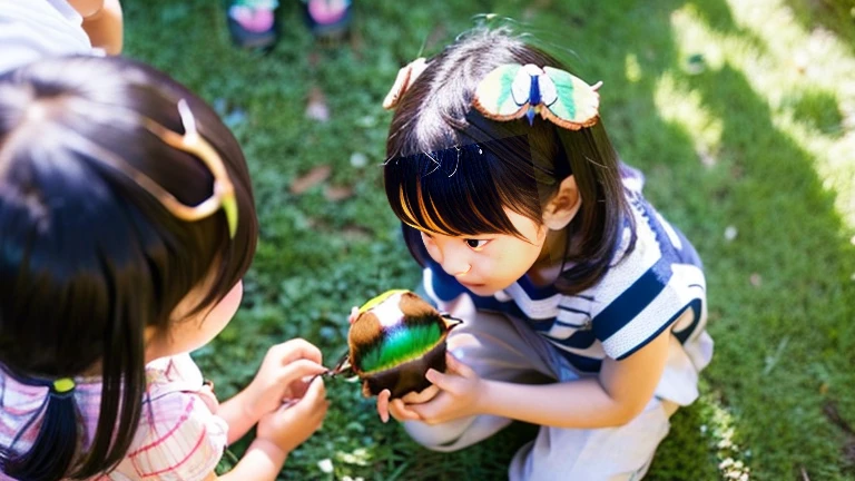 田舎でChildren playing with beautiful stag beetles、Children playing with beautiful stag beetles、