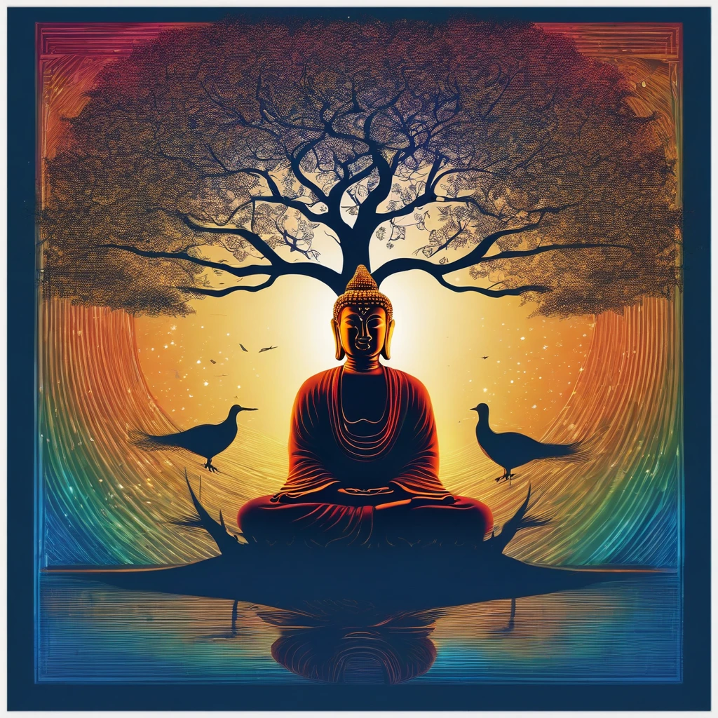 Buddha meditating in the shade of a tree. blue sky, ensolarado. Birds flying iridescence in rainbow color, com contornos brilhantes, descending from the sky. Divine Strength, transmitindo paz e sabedoria. Fantastic design High definition image, high detailing and dreamlike drawing style. cores neon, Imagem com pelo menos 300 dpi, HD
