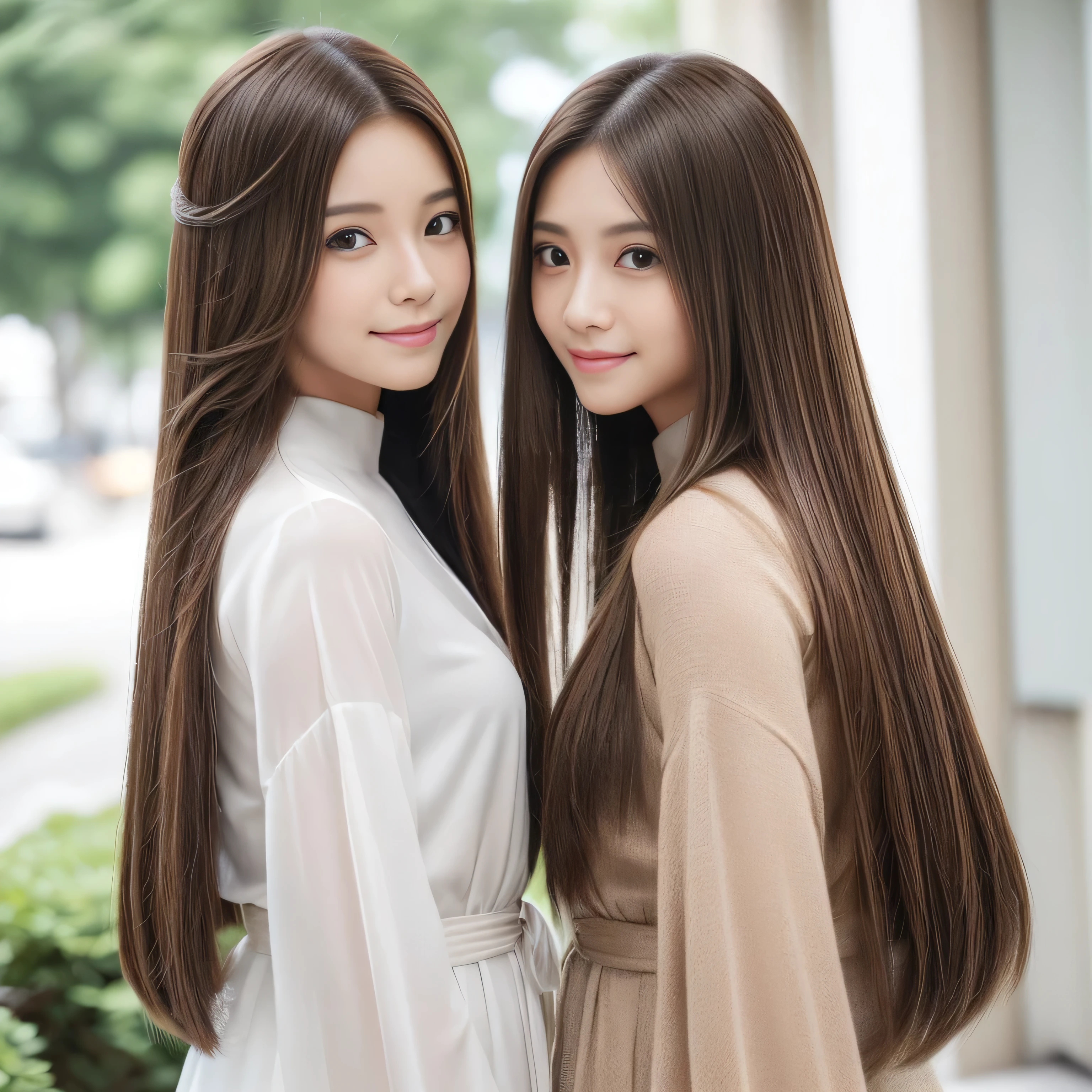 (((A photo of two people standing side by side:1.4))) (two women with length brown hair posing for a picture, thin and shiny hair, Ulzzang, long and straight hair of brown color,, Brown long hair, beautifulgemini portrait, Brown long hair, beautifulgemini, length Hair, Smooth Hair, Flowing brown hair, With the same hairstyle, length, Flat Hair, length brown hair, Attractive long hair, Beautiful brown hair Two women with long brown hair posing for a photograph, Digital Art inspired by Wang Duo, tumbler, Digital Art, thin and shiny hair, Ulzzang, long and straight hair of brown color,, Brown long hair, beautifulgemini portrait, Brown long hair, beautifulgemini, length Hair, Smooth Hair, Flowing brown hair, With the same hairstyle, length, Flat Hair) ((both sides Random poses showing as much back and hair as possible:1.8)) ((Both sides Beautiful 24 year old hair model with long black hair, girl with super Very long hair that reaches down to the ankles, extremely Very long hair that reaches down to the ankles, Very long hair that reaches down to the ankles,Very long hair that reaches down to the ankles , Flowing Hair, very Very long hair that reaches down to the ankles, Very long hair that reaches down to the anklesgirl,Very long hair that reaches down to the ankles , flowing light brown hair, length Hair windy, Very long light brown hair, flowing light brown hair,Incredibly straight long-lasting hair, Abnormally long髪!!!! Her highest quality!!!! hair is long and straight., very long light brown hair that reaches down to the ankles, highest quality light brown hair , , Highest quality long straightなVery long hair that reaches down to the ankles straight, beautiful, High quality hair, Very long hair that reaches down to the ankles and highest quality straight light brown hair, straight, highest quality light brown hair, Perfect silky straight hair of the highest quality, straight, highest quality light brown hair , lengthLight brown hair straight hair, length, Thick and voluminous light brown hair Her hair is long and straight, Very long light brown hair, Abnormally long、or extremely long light brown hair, very long, straight, Light brown hair that reaches down to her ankles, Abnormally very long straight, beautiful hair of the highest quality, length Hair, length, straight light brown hair ,Extraordinarily very long light brown hair that lasts forever and free straight light brown hair , straight light brown hair)) (Both sides bangs are perfect.:1.3) (Japan's most sexy and beautiful 24-year-old beauty model) (Both sides They look at the viewer with a very captivating expression...) ((highest quality)), ((masterpiece)), (Familiar) (Get used to it) Perfect Face (both sidesHer skin is a typical Japanese skin color. And very detailed) (Both SidesBig Tits:1.3) (both sides She is wearing a beautiful shiny white camisole.) (both sides She has a beautiful face and a typical Japanese figure...., Narrow eyes) (both sides She has perfect beautiful and sexy makeup and face Lipstick is light red A solid eyeliner) ((Rich 1.4)) (Very detailed)