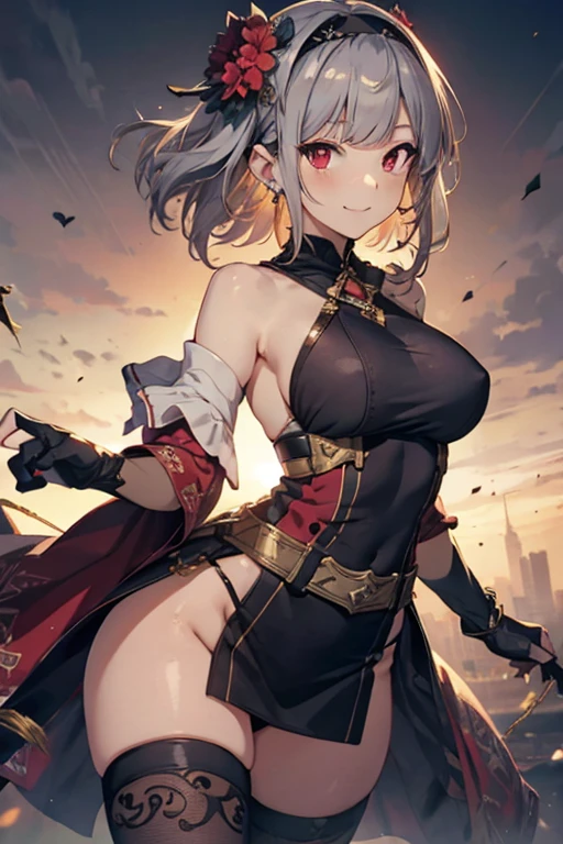 (dynamic angle:1.3, front view:1.1, breast focus:1.3, from below:1.2), (dynamic posing:1.5, sexy posing:1.2, leaning forward), (seductive smiling:1.3),(*K) HD, highest quality, Anime style beutiful woman, 1girl,fullbody, happy, (with sparkling eyes and a contagious smile:1.2), red face, closed mouth, beautiful detailed eyes, super detailed skin, backlighting, bare shoulders, black background, black dress, black gloves, silver hair, breasts, dress, earrings, fingerless gloves, floating hair, floral print, flower, gloves, gold earrings, gold hairband, hair flower, hair ornament, hairband, holding, holding two-hands weapon, jewelry, medium breasts, long hair, off-shoulder dress, off shoulder,red eyes, short hair with long locks, sidelocks, solo, spikes, thighs, two-sided dress, two-sided fabric, weapon, fighting stance , face, close up, from above, highest quality, high resolution,Real World, Natural light,perfect Natural light,looking at viewer,