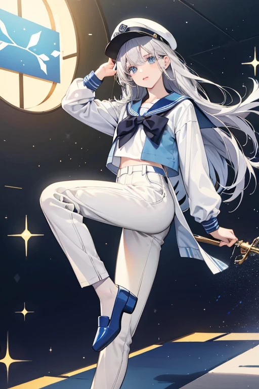 she has pale yellow skin with gray hair, blue sailor hat, white shirt and blue pants, and brown slippers. SPARKLE; GLITTER