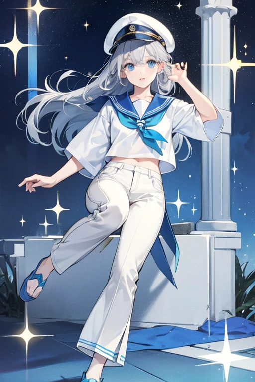 she has pale yellow skin with gray hair, blue sailor hat, white shirt and blue pants, and brown slippers. SPARKLE; GLITTER