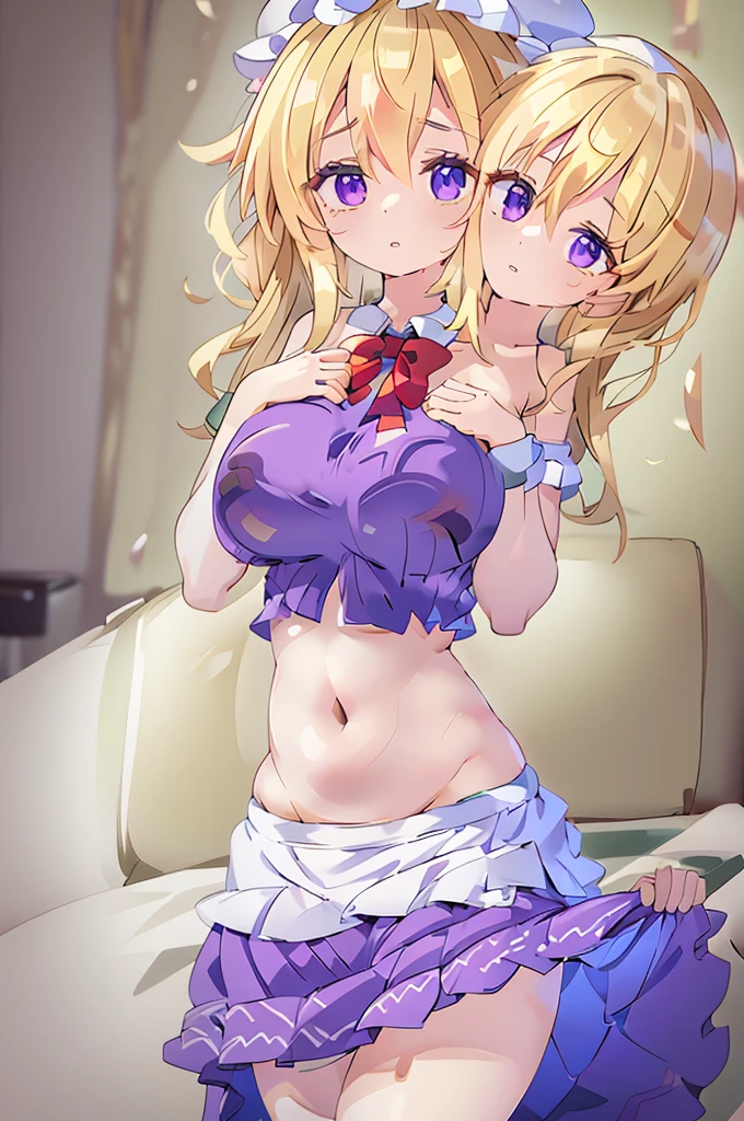 (masterpiece, best quality),best quality, (ultra-detailed), (3heads:1.5), 1girl, (maribel hearn:1.3), masterpiece, best quality, ultra quality, ultra resolution, ultra detail, purple top, crop top, ((stomach)), midriff, ((groin)), purple skirt, frilled skirt, miniskirt, normal ears, shackles, blonde hair, very long hair, wavy hair, sidelocks, purple eyes, parted lips, single horn, sweat, cute, toned belly, hand on own chest, eyelashes, (24 year old woman:1.3), (masterpiece:1.5), (best quality:1.5), (beautiful detailed extremely detailed CG, extremely delicate and beautiful, depth of field, (finely detailed face), (perfect details:1.3), (mature female:1.3), wide pelvis, slender, large veiny breast, 16k resolution, highres, high quality, high definition, extremely detailed, masterpiece, best quality, blonde hair, long hair, alluring presence, twin braid, short skirt, close up, big tits, young, mob cap, white headwear, red bow on hat, skirt hold, hair between the eyes, nsfw, open belly, midriff, cowboy shot, looking at viewer,
