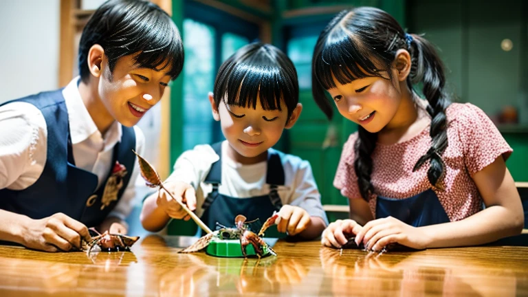 草原でChildren playing with beautiful stag beetles、Children playing with beautiful stag beetles、