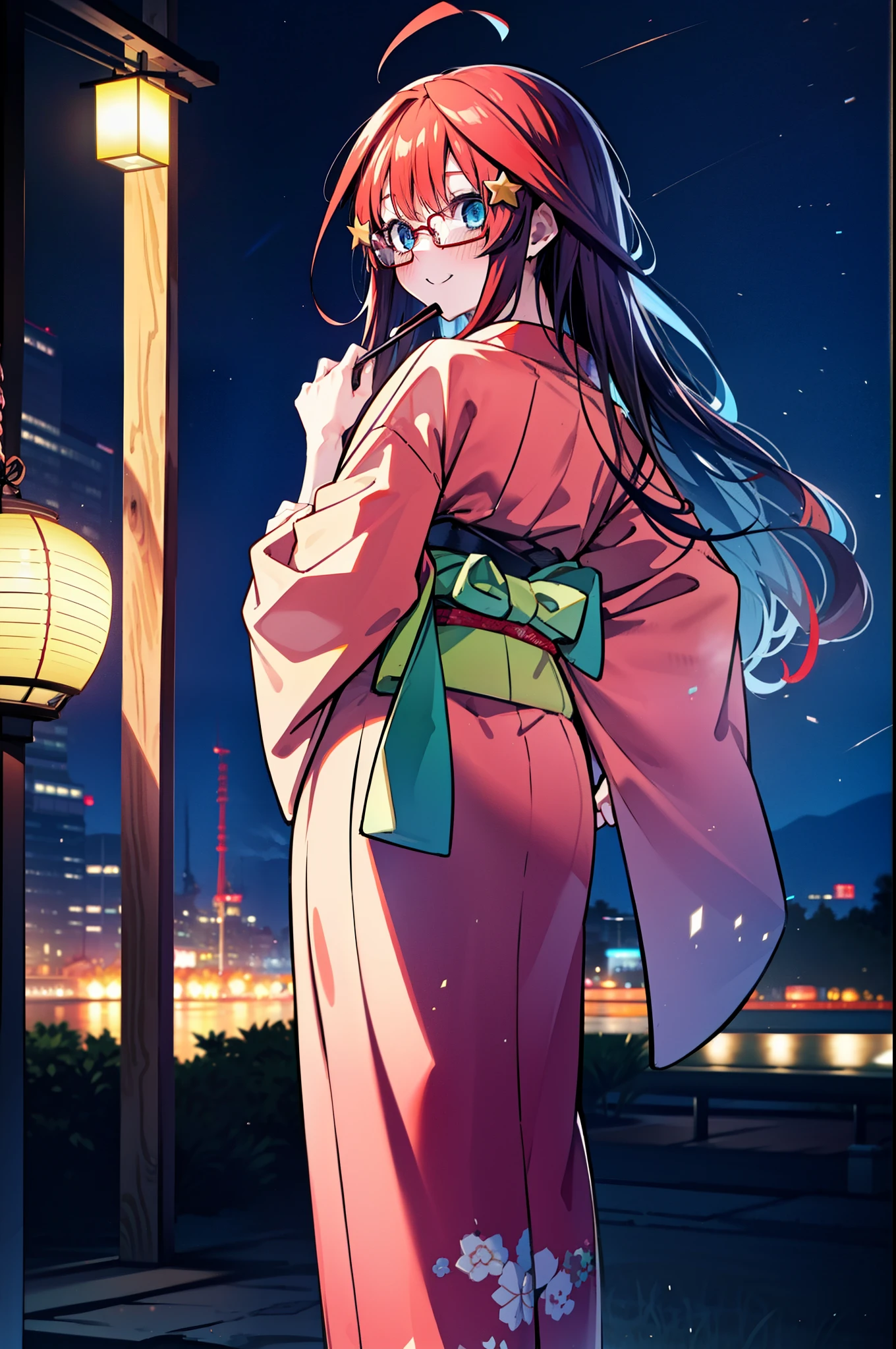 itsukinakano, Itsuki Nakano, bangs, blue eyes, Hair between the eyes, Ahoge, Redhead, star \(symbol\), hair ornaments, star hair ornaments,Akagi glasses,smile,blush,Happy atmosphere,Open your mouth,Long Hair,Tie your hair back,Red Japanese style,Red Hakama,White tabi,Sandals,night空の花火,Fireworks display,Japanese Festivals,Summer festival food stalls,Lantern,night,イラストにwhole bodyが入るように, night
break outdoors, shrine,                                              break looking at viewer,whole body,(Cowboy Shot:1. 5)
break (masterpiece:1.2), highest quality, High resolution, unity 8k wallpaper, (shape:0.8), (Beautiful and beautiful eyes:1.6), Highly detailed face, Perfect lighting, Highly detailed CG, (Perfect hands, Perfect Anatomy),