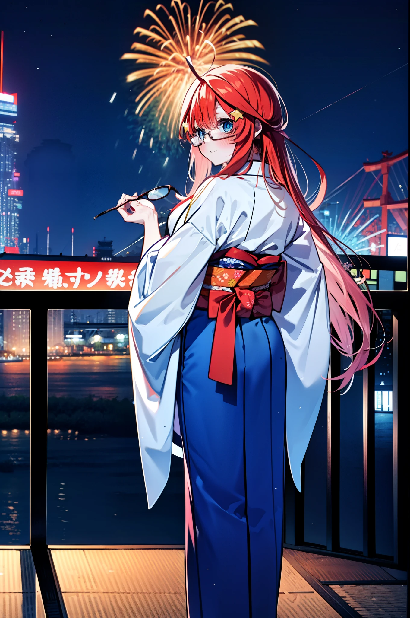 itsukinakano, Itsuki Nakano, bangs, blue eyes, Hair between the eyes, Ahoge, Redhead, star \(symbol\), hair ornaments, star hair ornaments,Akagi glasses,smile,blush,Happy atmosphere,Open your mouth,Long Hair,Tie your hair back,Red Japanese style,Red Hakama,White tabi,Sandals,night空の花火,Fireworks display,Japanese Festivals,Summer festival food stalls,Lantern,night,イラストにwhole bodyが入るように, night
break outdoors, shrine,                                              break looking at viewer,whole body,(Cowboy Shot:1. 5)
break (masterpiece:1.2), highest quality, High resolution, unity 8k wallpaper, (shape:0.8), (Beautiful and beautiful eyes:1.6), Highly detailed face, Perfect lighting, Highly detailed CG, (Perfect hands, Perfect Anatomy),