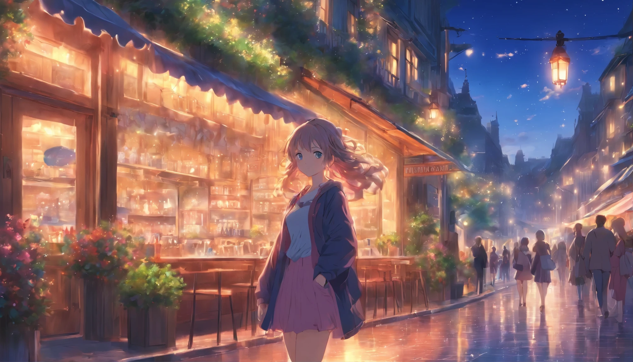 evening、European style、In front of the cafe、Walking Girl