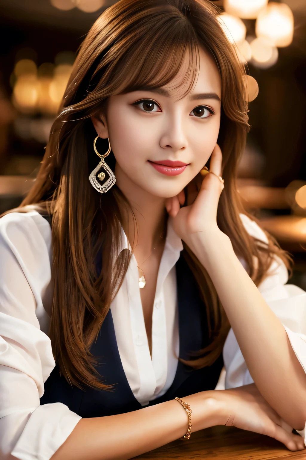 masterpiece, highest quality, Realistic, Very detailed, Finer details, High resolution, 8k wallpaper, One beautiful woman, Wear casual business attire, In a great restaurant, At night, Light brown messy hair, Perfect dynamic composition, Beautiful and beautiful eyes、Earrings