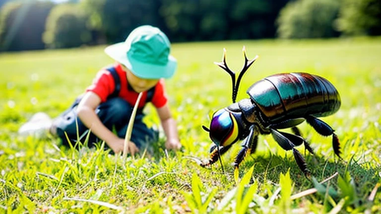 Children playing with beautiful stag beetles in the grassland、Children playing with beautiful stag beetles in the grassland、