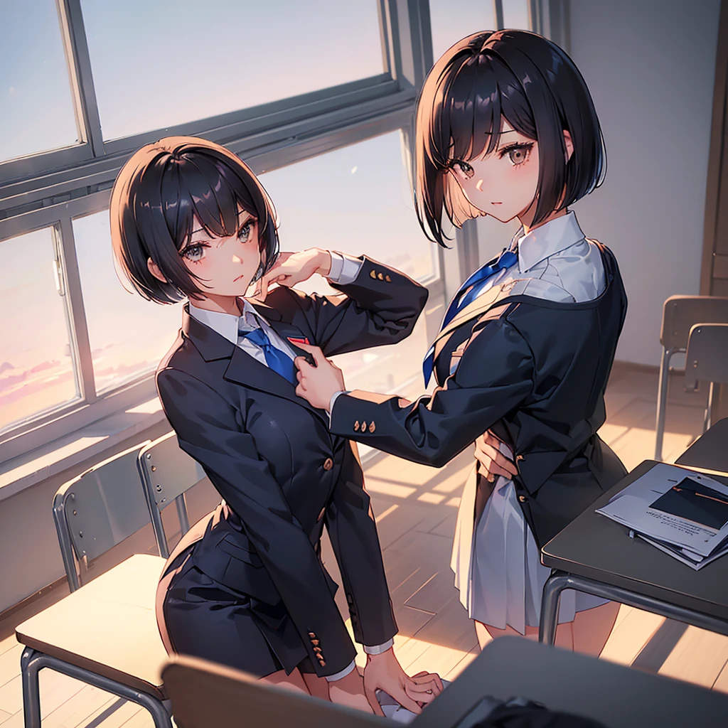 ((Black Hair Short Bob After school, alone in the classroom sunset)) ((Hand over the letter Navy blue blazer White dress shirt Blue tie)) Blushing face