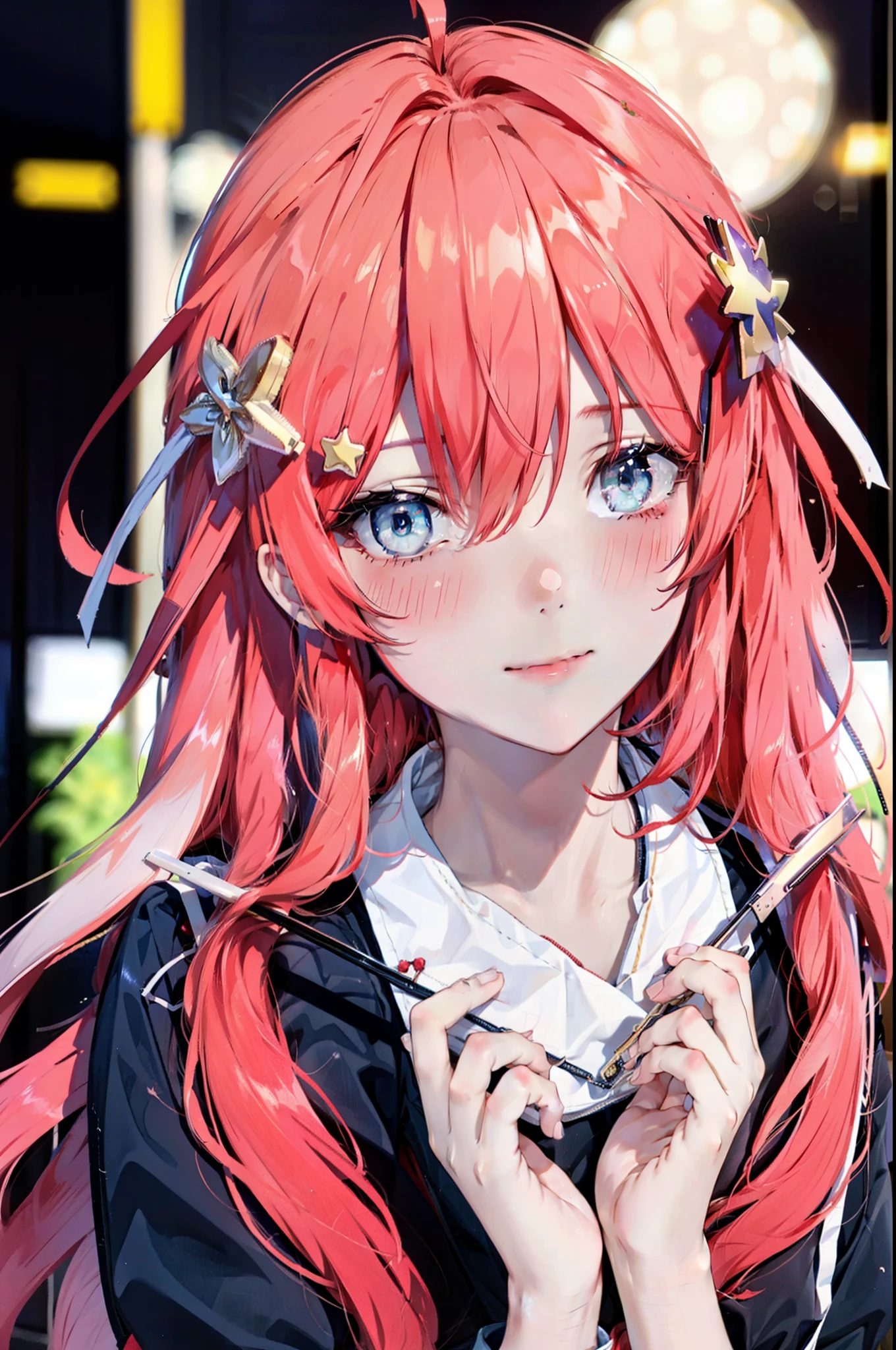 itsukinakano, Itsuki Nakano, bangs, blue eyes, Hair between the eyes, Ahoge, Redhead, star \(symbol\), hair ornaments, star hair ornaments,Akagi glasses,smile,blush,Happy atmosphere,Open your mouth,Long Hair,Tie your hair back,Red Japanese style,Red Hakama,White tabi,Sandals,night空の花火,Fireworks display,Japanese Festivals,Summer festival food stalls,Lantern,night,イラストにwhole bodyが入るように, night
break outdoors, shrine, break looking at viewer,whole body,(Cowboy Shot:1. 5)
break (masterpiece:1.2), highest quality, High resolution, unity 8k wallpaper, (shape:0.8), (Beautiful and beautiful eyes:1.6), Highly detailed face, Perfect lighting, Highly detailed CG, (Perfect hands, Perfect Anatomy),