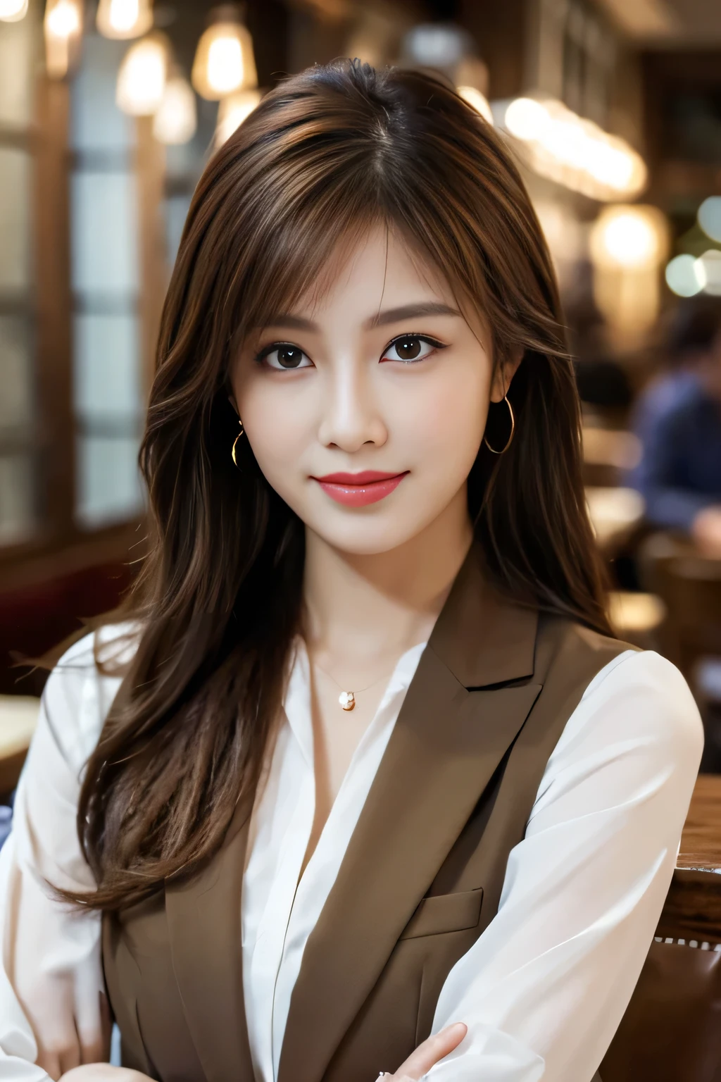 masterpiece, highest quality, Realistic, Very detailed, Finer details, High resolution, 8k wallpaper, One beautiful woman, Wear casual business attire, In a great restaurant, At night, Light brown messy hair, Perfect dynamic composition, Beautiful and beautiful eyes、Earrings