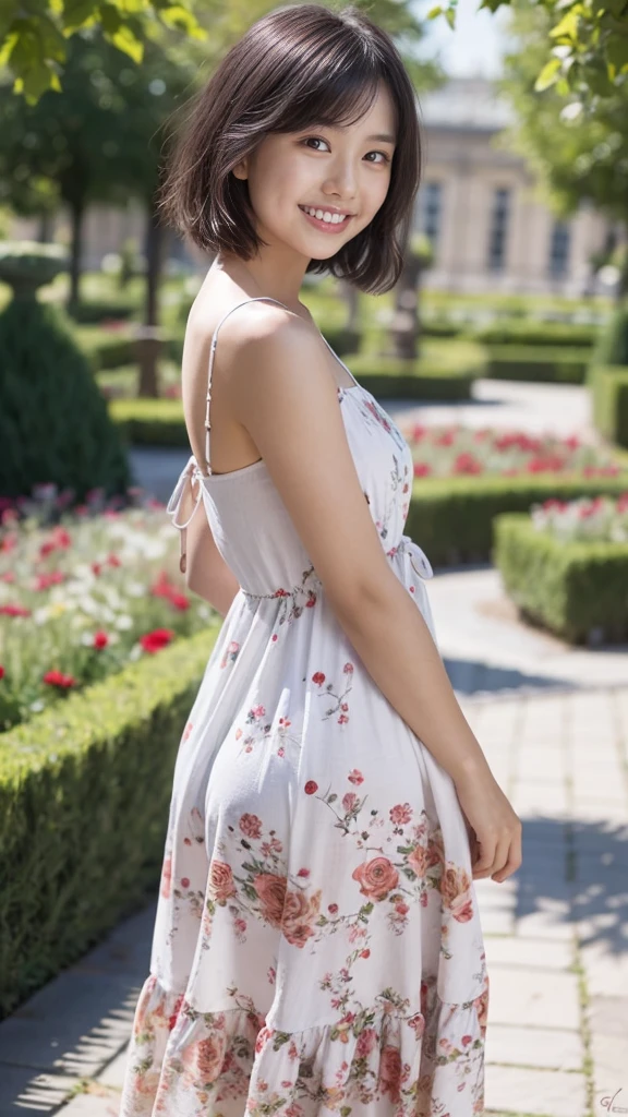 masterpiece, highest quality, disorganized, perfect anatomy, 1 girl, alone, pascal tales, short hair, beautiful, Hilarious, sunny day, botanical garden, Summer winds, sundress, Floral, wavy hair, smile