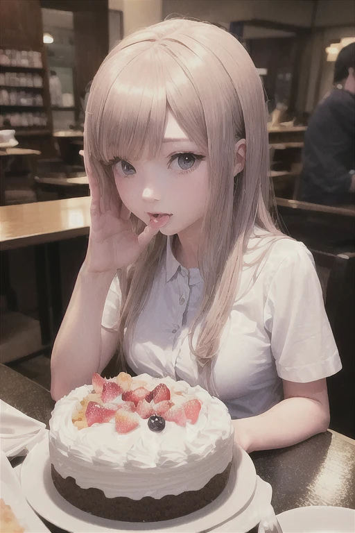 Girl eating a whole cake, hyper Realistic Anime, Real life anime girls, Realistic Anime, a Surreal , Realistic - Anime, Realistic Anime 3 d style, photoRealistic Anime, Surreal , Anime Food, Ultra-realistic photo of a whole cake, Realistic young anime girl