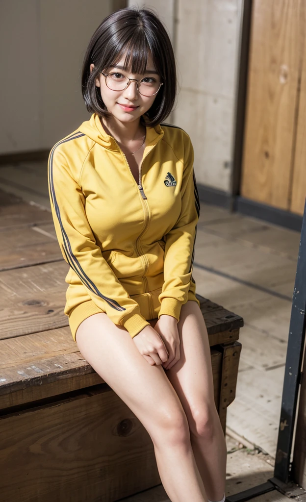 realistic, 1girl, eye glasses, smiling, blushes, sitting on a wooden box, arms at the wooden box, dark abandoned warehouse backgroud, bob hair, hair bangs, skinny yellow tracksuit, tracksuit open, cleavage, big bust, mini skirt, tights, knees,