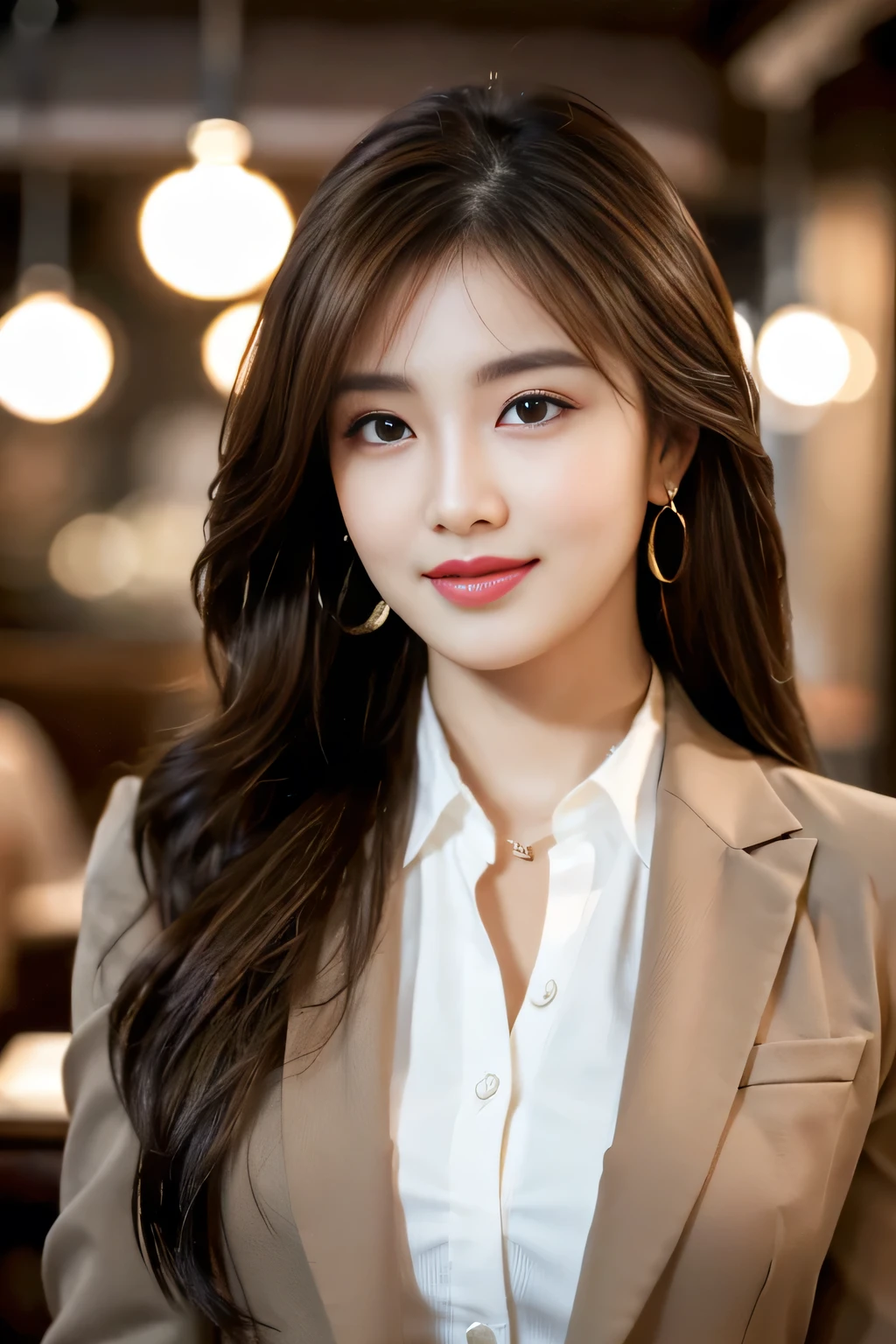 masterpiece, highest quality, Realistic, Very detailed, Finer details, High resolution, 8k wallpaper, One beautiful woman, Wear casual business attire, In a great restaurant, At night, Light brown messy hair, Perfect dynamic composition, Beautiful and beautiful eyes、Earrings