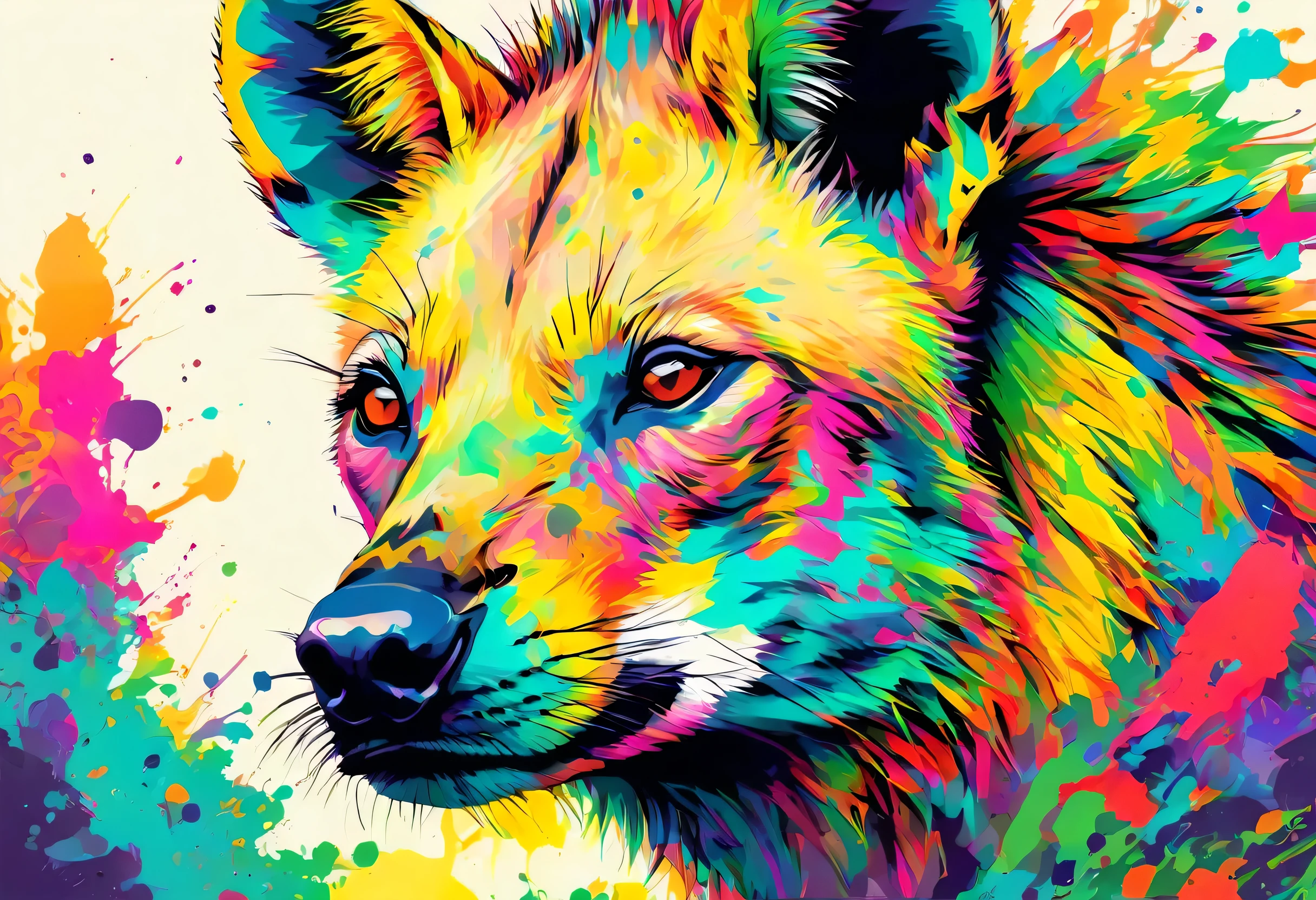 A Hyena with colorful paint on its face and leaves, vector art:Zahari Zograf, Trending on Pexels, psychedelic art, Rich in color and detail, A complex and colorful masterpiece, art:Alessandro Pautasso, very complex and colorful, colorful hd images, A colorful and intricate masterpiece, High quality HD digital art, great digital art, very colorful