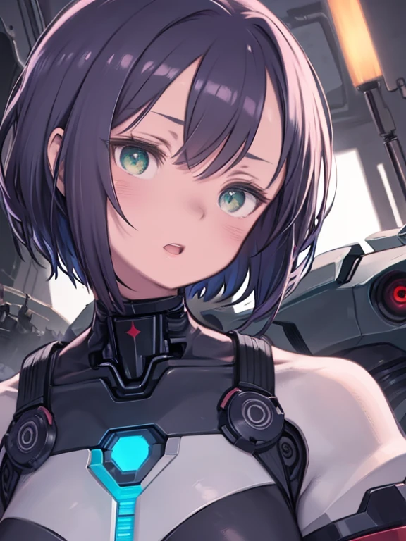 masterpiece、highest quality、High resolution、Very detailed、Close-up of face、Medium wide shot、Girl、((ロボットGirl, Mecha)), Glowing Eyes、Colorful Hair、Bobcut、Bouncy hair、Green Eyes、cyborg、android、Machine Body、Open your mouth、Broken Body、Tilt your head、Number tattoo on face、I have a big scar on my face、skeleton、Terminator、rib cage、spine、Mechaニカル、