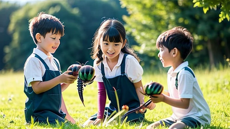 Children playing with beautiful stag beetles in the grassland、Children playing with beautiful stag beetles in the grassland、