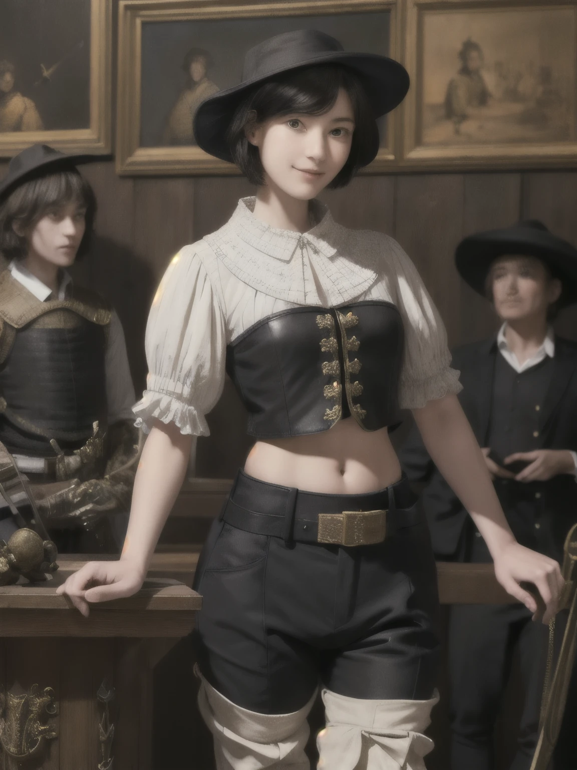 222 Short Hair, 20-year-old woman, A kind smile, (Luxurious stables), (Rembrandt-style painting), (machinery suit, Clothes that show abs、Clothes with short sleeves)
