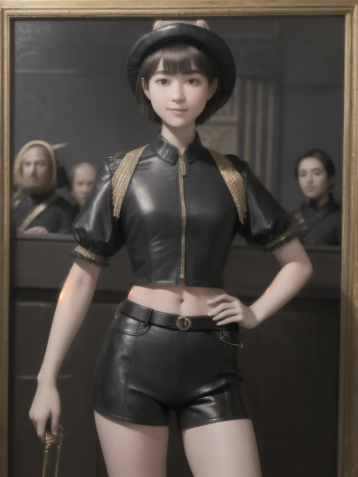 222 Short Hair, 20-year-old woman, A kind smile, (Luxurious stables), (Rembrandt-style painting), (machinery suit, Clothes that show abs、Clothes with short sleeves)