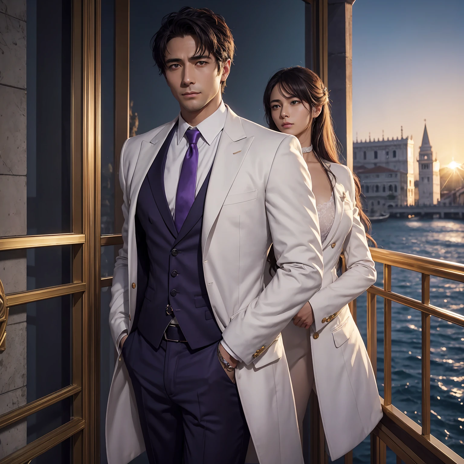anime.Constantine the Great, Roman Emperor Constantine the Great resurrected in modern times。34 years old。one adult male。Long body。broad shoulder。thick neck。eyes like a lion。Bright and sharp eyes。Looking here。Sincere and kind。Kind and reliable。Deal with it sternly if necessary.。talented and hardworking businessman。successful gentleman。careerist。he is wearing a high quality white suit。dark purple tie。Light purple shirt。forceful。An overwhelming sense of control。romance novel hero。Bold composition。look up to。lyrical。Dramatic。heartful。Romantic。opulent。elegan。elegance。Venice background in the sunset。masterpiece。top-quality。Super beautiful。The ultra -The high-definition。detaileds。exquisite。