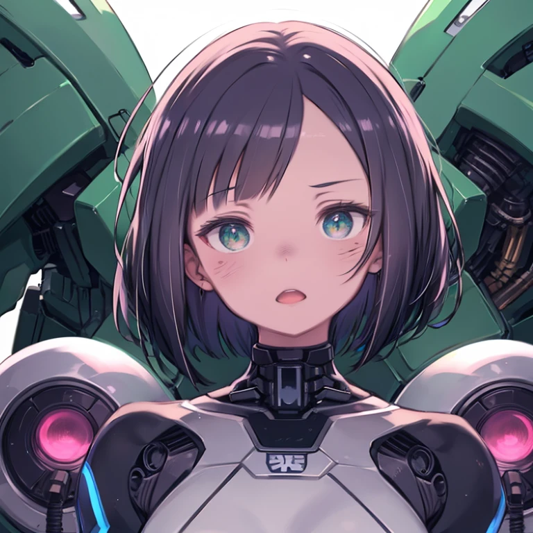 masterpiece、highest quality、High resolution、Very detailed、Close-up of face、Medium wide shot、Girl、((ロボットGirl, Mecha)), Glowing Eyes、Colorful Hair、Bobcut、Bouncy hair、Green Eyes、cyborg、android、Machine Body、Open your mouth、Broken Body、Tilt your head、Number tattoo on face、I have a big scar on my face、skeleton、Terminator、rib cage、spine、Mechaニカル、