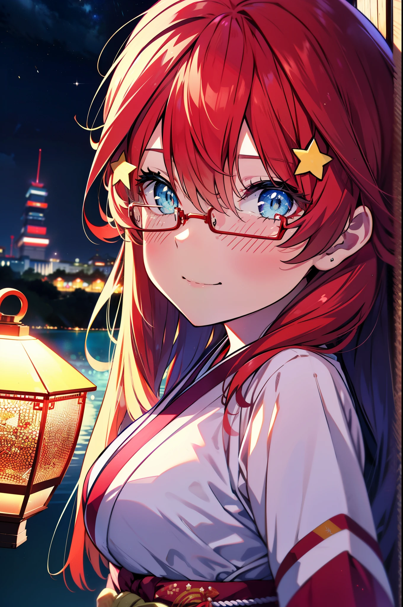 itsukinakano, Itsuki Nakano, bangs, blue eyes, Hair between the eyes, Ahoge, Redhead, star \(symbol\), hair ornaments, star hair ornaments,Akagi glasses,smile,blush,Happy atmosphere,Open your mouth,Long Hair,Tie your hair back,Red Japanese style,Red Hakama,White tabi,Sandals,night空の花火,Fireworks display,Japanese Festivals,Summer festival food stalls,Lantern,night,イラストにwhole bodyが入るように, night
break outdoors, shrine, break looking at viewer,whole body,(Cowboy Shot:1. 5)
break (masterpiece:1.2), highest quality, High resolution, unity 8k wallpaper, (shape:0.8), (Beautiful and beautiful eyes:1.6), Highly detailed face, Perfect lighting, Highly detailed CG, (Perfect hands, Perfect Anatomy),