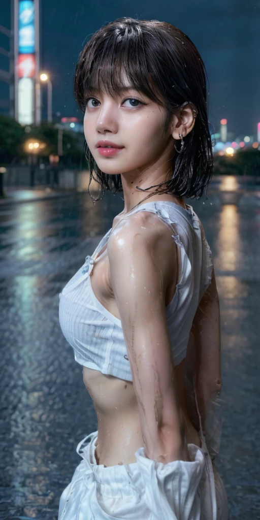 Photorealistic, masterpiece, Best Quality, Raw photo, 1girl, Solo, Cute Japan, messy hair, Dark Brown hair, side parted hair with bangs, Detailed face, alluring face, pretty cute smile, blue eyes, earrings, wet white Shirt, crop top, medium breasts, Dynamic Pose, Looking at Viewer, From below, Detailed city nightscape background, ultra details , Ray tracing, depth of fields, lowkey, cinematic lightings, realistic skin, full body, wet rainy night, rain, bright photo:1.2, lisa from blackpink, lalisa from blackpink
