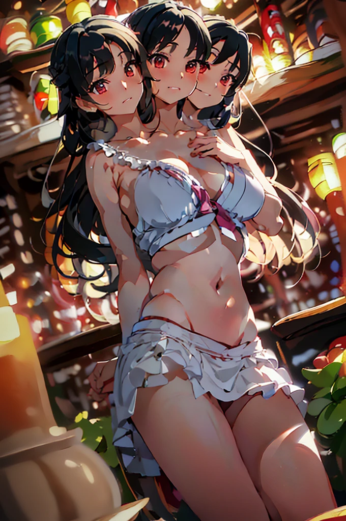 (masterpiece, best quality),best quality, (ultra-detailed), (3heads:1.5), 1girl, (houraisan kaguya:1.3), masterpiece, best quality, ultra quality, ultra resolution, ultra detail, pink top, crop top, ((stomach)), midriff, ((groin)), pink skirt, normal ears, shackles, black hair, very long hair, wavy hair, sidelocks, brown eyes, parted lips, open belly, sweat, cute, toned belly, hand on own chest, eyelashes, (24 year old woman:1.3), (masterpiece:1.5), (best quality:1.5), (beautiful detailed), extremely detailed CG, extremely delicate and beautiful, depth of field, (finely detailed face), (perfect details:1.2), (mature female:1.3), wide pelvis, slender, large veiny breast, 16k resolution, highres, high quality, high definition, extremely detailed, masterpiece, black hair, long hair, alluring presence, braid, short skirt, close up, big tits, young, hairband open belly, nsfw, midriff,
