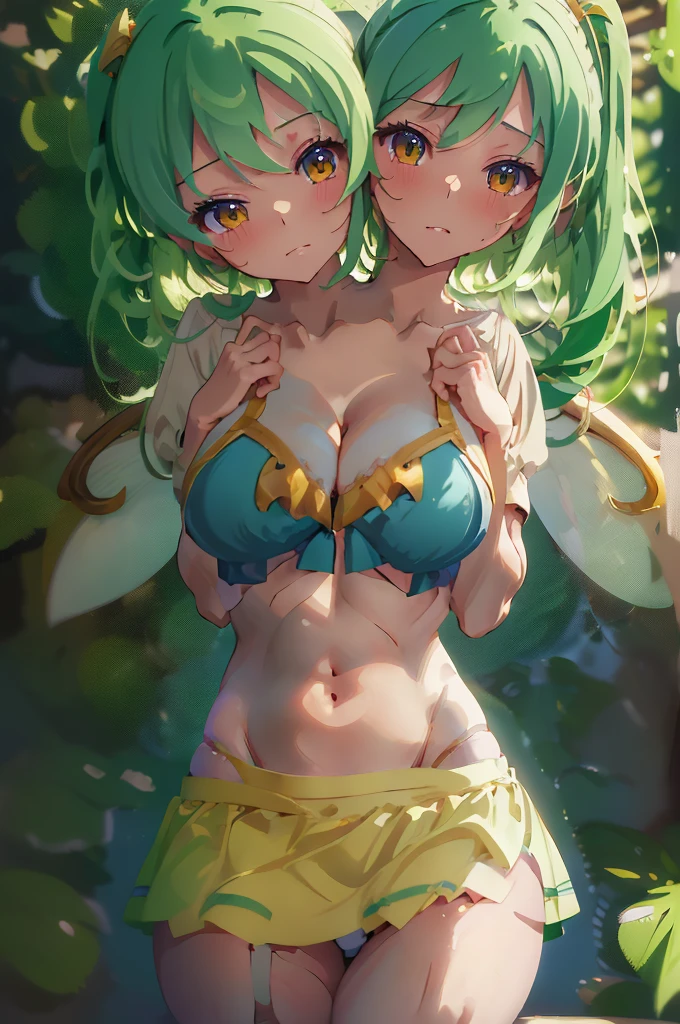 (masterpiece, best quality), best quality, (ultra-detailed), (3heads:1.5), 1girl, (daiyousei:1.3), masterpiece, best quality, ultra quality, ultra resolution, blue top, crop top, ((stomach)), midriff, ((groin)), blue skirt, normal ears, shackles, green hair, very long hair, wavy hair, sidelocks, yellow eyes, parted lips, single horn, sweat, cute, toned belly, hand on own chest, eyelashes, (23 year old woman:1.3), (masterpiece:1.5), (best quality:1.5), (beautiful detailed), extremely detailed CG, extremely delicate and beautiful, depth of field, (finely detailed face), (perfect details:1.2), (mature female:1.3), wide pelvis, slender, large veiny breast, 16k resolution, highres, high quality, high definition, extremely detailed, masterpiece, best quality, green hair, long hair, alluring presence, braid, short skirt, close up, big tits, young, fairy wings, yellow ribbon, side ponytail, nsfw, open belly,
