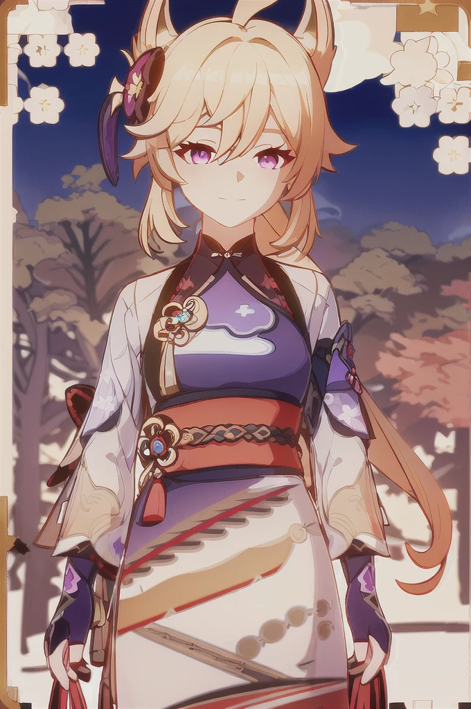 masterpiece, best quality, ((genshin impact character)), 1girl, solo, purple eyes, blonde hair, looking at viewer, ((long blonde hair)) upper body, hair ornament, black gloves, white with red patterned kimono, shirt, fox ornament, bangs, blonde hair, closed mouth, star \(symbol\), collared shirt, fox tail, walking in the woods.