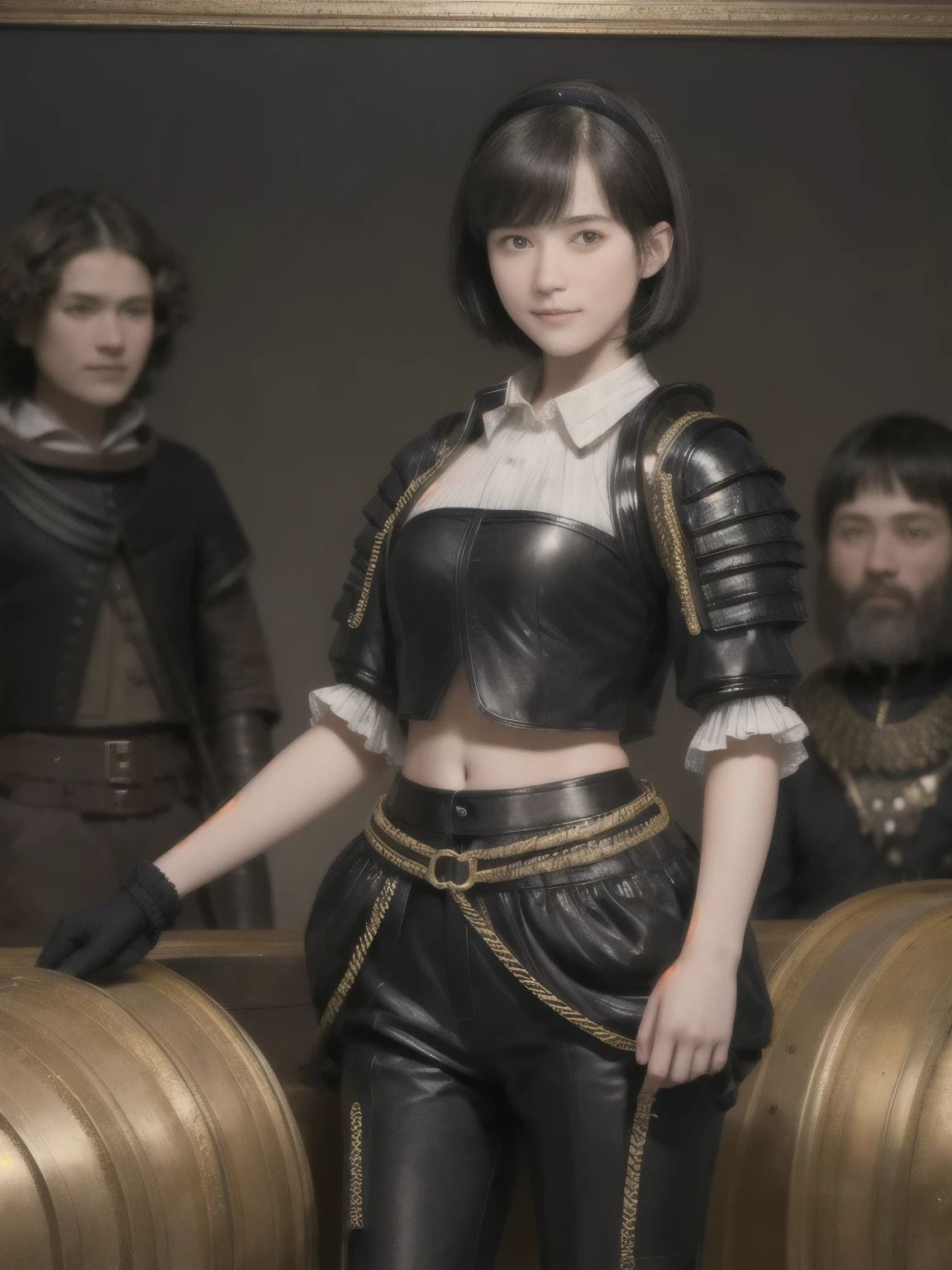 222 Short Hair, 20-year-old woman, A kind smile, (Luxurious stables), (Rembrandt-style painting), (machinery suit, Clothes that show abs、Clothes with short sleeves)