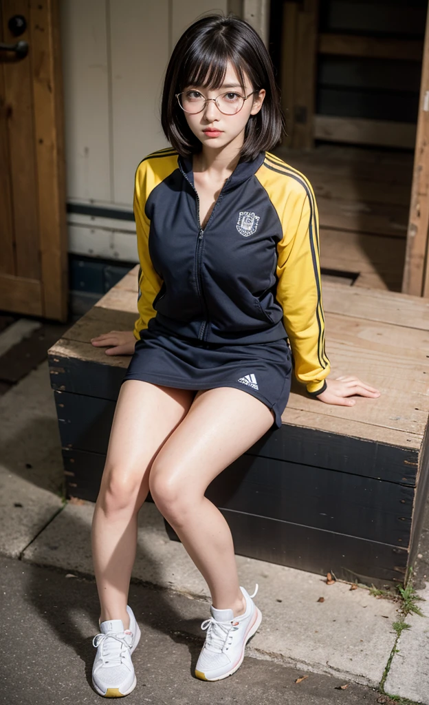realistic, 1girl, eye glasses, shy, blushes, sitting on a wooden box, arms at the wooden box, dark abandoned warehouse backgroud, bob hair, hair bangs, skinny yellow tracksuit, tracksuit open, cleavage, big bust, mini skirt, tights, knees,