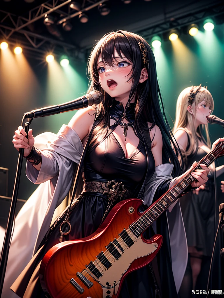 A three-woman metal band dressed in witch costumes、Arrived in Japan and held a mass at a live venue、Neck slashing pose、The intense performance was a huge success、Metal band performance、Fearless expression、Live venue lighting、The band&#39;s concept was a reaction to the witch hunts that swept through medieval Europe.、