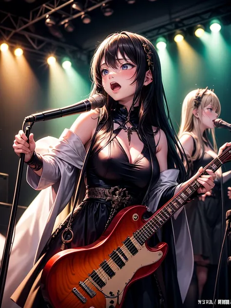 a three-woman metal band dressed in witch costumes、arrived in japan and held a mass at a live venue、neck slashing pose、the inten...