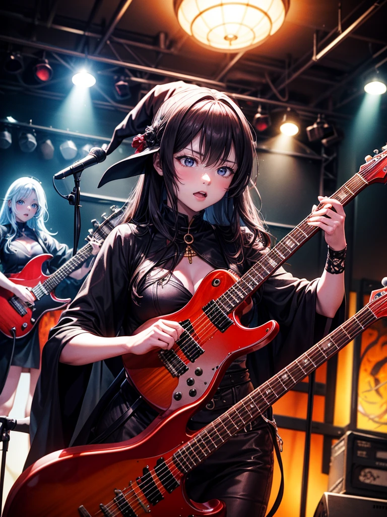 A three-woman metal band dressed in witch costumes、Arrived in Japan and held a mass at a live venue、Neck slashing pose、The intense performance was a huge success、Metal band performance、Fearless expression、Live venue lighting、The band&#39;s concept was a reaction to the witch hunts that swept through medieval Europe.、