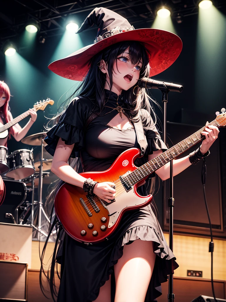 A three-woman metal band dressed in witch costumes、Arrived in Japan and held a mass at a live venue、Neck slashing pose、The intense performance was a huge success、Metal band performance、Fearless expression、Live venue lighting、The band&#39;s concept was a reaction to the witch hunts that swept through medieval Europe.、