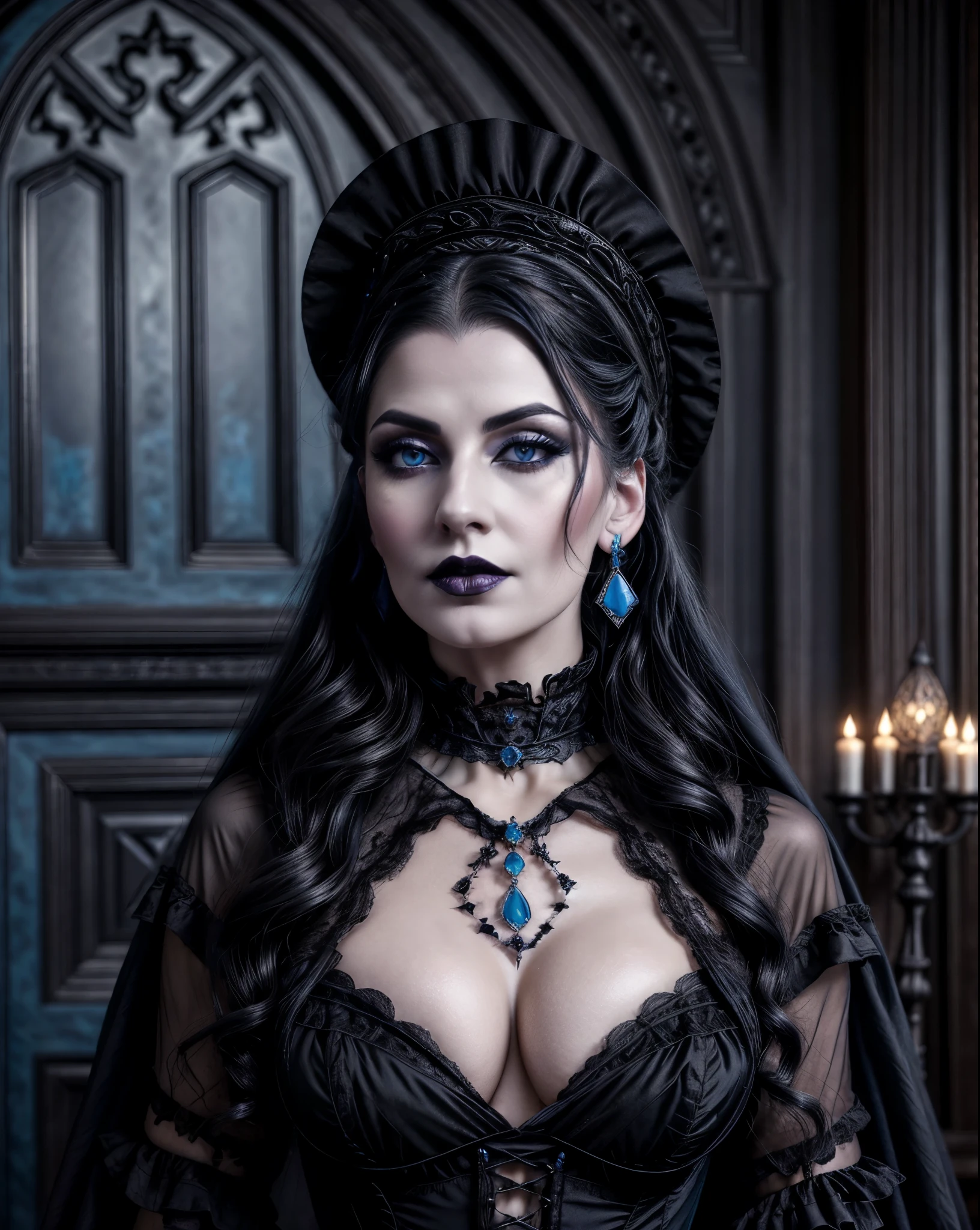A hot Victorian era gothic countess with pale silky skin (makeup), flowing black hair, full lips (black lipstick), light blue eyes, full breasts, wearing earrings, wearing a cursed gemstone, wearing a beautiful black gothic dress low-cut, posing, and deep down cursed, beautiful and glamorous dark countess.