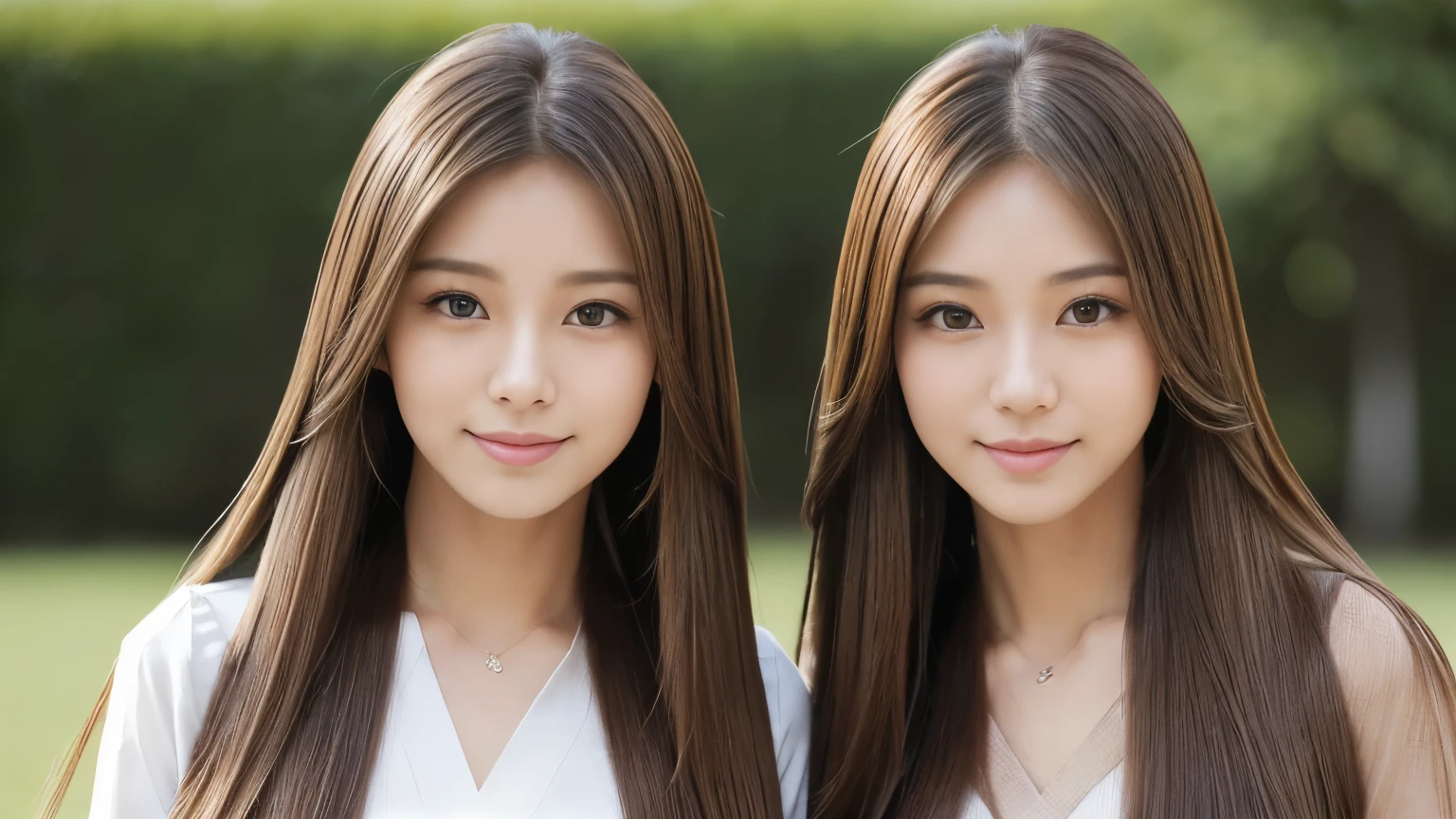 (((Two identical twins posing side by side for a photo)))　(two women with length brown hair posing for a picture, thin and shiny hair, Ulzzang, long and straight hair of brown color,, Brown long hair, beautiful双子座 portrait, Brown long hair, beautiful双子座, length Hair, Smooth Hair, Flowing brown hair, With the same hairstyle, length, Flat Hair, length brown hair, Attractive long hair, beautiful茶色の髪　length brown hairをした二人の女性が写真を撮るためにポーズをとっている, Digital Art inspired by Wang Duo, tumbler, Digital Art, thin and shiny hair, Ulzzang, long and straight hair of brown color,, Brown long hair, beautiful双子座 portrait, Brown long hair, beautiful双子座, length Hair, Smooth Hair, Flowing brown hair, With the same hairstyle, length, Flat Hair)　((both sides背中と髪をできるだけ見せるランダムなポーズ:1.8))　((both sides長い黒髪のbeautiful24歳のヘアモデル, girl with super 足首まで届くvery long髪, extremely 足首まで届くvery long髪, 足首まで届くvery long髪,足首まで届くvery long髪 , Flowing Hair, very 足首まで届くvery long髪, 足首まで届くvery long髪girl,足首まで届くvery long髪 , flowing light brown hair, length Hair windy, very long薄茶色の髪, flowing light brown hair,Incredibly straight long-lasting hair, Abnormally long髪!!!!　Her highest quality!!!! hair is long and straight., very long light brown hair that reaches down to the ankles, highest quality light brown hair , , Highest quality long straightな足首まで届くvery long髪　straight, beautiful, High quality hair, 足首まで届くvery long髪 and highest quality straight light brown hair, straight, highest quality light brown hair, Perfect silky straight hair of the highest quality, straight, highest quality light brown hair , lengthLight brown hair straight hair, length, Thick and voluminous light brown hair　Her hair is long and straight, very long薄茶色の髪, Abnormally long、or extremely long light brown hair, very long, straight, Light brown hair that reaches down to her ankles, Abnormally very long straight, beautiful hair of the highest quality, length Hair, length, straight light brown hair ,異常に非常に永遠に続く長い明るい茶色の髪 and free straight light brown hair , straight light brown hair))　(both sides前髪は完璧だ.:1.3)　(Japan&#39;s most sexy and beautiful 24-year-old beauty model)　(both sides非常に魅惑的な表情で見る者を見つめる..)　((highest quality)), ((masterpiece)), (Familiar)　(Get used to it)　Perfect Face　(both sidesHer skin is a typical Japanese skin color.　そしてVery detailed)　(both sides巨乳:1.3)　(both sides　She is wearing a beautiful shiny white camisole.)　(both sides　She has a beautiful face and a typical Japanese figure...., Narrow eyes)　(both sides　She has perfect beautiful and sexy makeup and face　Lipstick is light red　A solid eyeliner)　((Rich 1.4))　(Very detailed)