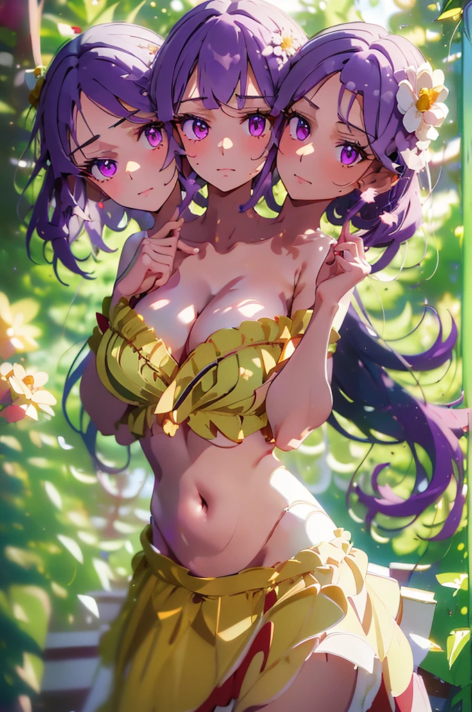 (masterpiece, best quality), best quality, (ultra-detailed), (3heads:1.5), 1girl, (hieda no akyuu:1.3), masterpiece, (high quality), (high resolution), (best quality:1.5, highres, UHD), highres, absurdo, ultra detail, ultra quality, yellow flower-patterned top, with pink and black trim, crop top, ((stomach)), midriff, ((groin)), red skirt, normal ears, shackles, purple hair, very long hair, wavy hair, sidelocks, purple eyes, detailed eyes, parted lips, light pink flower-shaped ornament, sweat, cute, toned belly, hand on own chest, eyelashes, (24 year old woman:1.3), (masterpiece:1.6), (best quality:1.5), (beautiful detailed), extremely detailed CG, extremely delicate and beautiful, depth of field, (finely detailed face), (perfect details:1.3), (mature female:1.3), wide pelvis, slender, large veiny breast, 16k resolution, highres, very high quality, very high definition, extremely detailed, masterpiece, purple hair, long hair, alluring presence, braid, short skirt, close up, big tits, young, light pink flower-shaped ornament, glasses,
