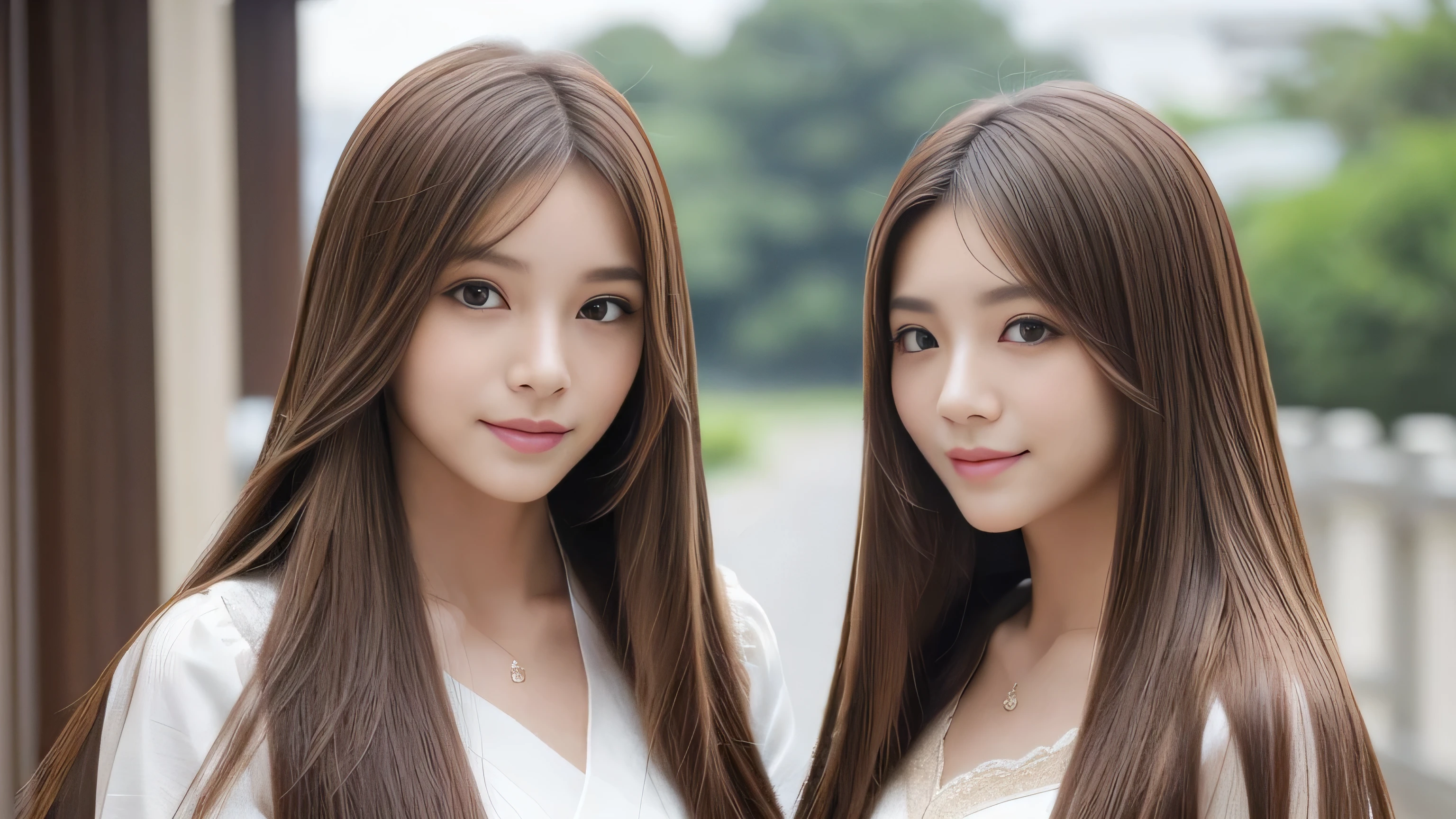 (((Two identical twins posing side by side for a photo)))　(two women with length brown hair posing for a picture, thin and shiny hair, Ulzzang, long and straight hair of brown color,, Brown long hair, beautifulgemini portrait, Brown long hair, beautifulgemini, length Hair, Smooth Hair, Flowing brown hair, With the same hairstyle, length, Flat Hair, length brown hair, Attractive long hair, Beautiful brown hair　Two women with long brown hair posing for a photograph, Digital Art inspired by Wang Duo, tumbler, Digital Art, thin and shiny hair, Ulzzang, long and straight hair of brown color,, Brown long hair, beautifulgemini portrait, Brown long hair, beautifulgemini, length Hair, Smooth Hair, Flowing brown hair, With the same hairstyle, length, Flat Hair)　((both sides Random poses showing as much back and hair as possible:1.8))　((Both sides Beautiful 24 year old hair model with long black hair, girl with super Very long hair that reaches down to the ankles, extremely Very long hair that reaches down to the ankles, Very long hair that reaches down to the ankles,Very long hair that reaches down to the ankles , Flowing Hair, very Very long hair that reaches down to the ankles, Very long hair that reaches down to the anklesgirl,Very long hair that reaches down to the ankles , flowing light brown hair, length Hair windy, Very long light brown hair, flowing light brown hair,Incredibly straight long-lasting hair, Abnormally long髪!!!!　Her highest quality!!!! hair is long and straight., very long light brown hair that reaches down to the ankles, highest quality light brown hair , , Highest quality long straightなVery long hair that reaches down to the ankles　straight, beautiful, High quality hair, Very long hair that reaches down to the ankles and highest quality straight light brown hair, straight, highest quality light brown hair, Perfect silky straight hair of the highest quality, straight, highest quality light brown hair , lengthLight brown hair straight hair, length, Thick and voluminous light brown hair　Her hair is long and straight, Very long light brown hair, Abnormally long、or extremely long light brown hair, very long, straight, Light brown hair that reaches down to her ankles, Abnormally very long straight, beautiful hair of the highest quality, length Hair, length, straight light brown hair ,Extraordinarily very long light brown hair that lasts forever and free straight light brown hair , straight light brown hair))　(Both sides bangs are perfect.:1.3)　(Japan&#39;s most sexy and beautiful 24-year-old beauty model)　(Both sides They look at the viewer with a very captivating expression...)　((highest quality)), ((masterpiece)), (Familiar)　(Get used to it)　Perfect Face　(both sidesHer skin is a typical Japanese skin color.　And very detailed)　(Both SidesBig Tits:1.3)　(both sides　She is wearing a beautiful shiny white camisole.)　(both sides　She has a beautiful face and a typical Japanese figure...., Narrow eyes)　(both sides　She has perfect beautiful and sexy makeup and face　Lipstick is light red　A solid eyeliner)　((Rich 1.4))　(Very detailed)