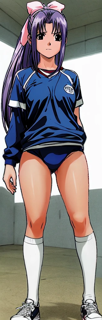 Momoko Koigakubo, a tall girl with beautiful legs, is wearing white gym clothes and light navy blue bloomers that look like panties, and is standing diagonally with her legs spread to the sides with a gentle expression.。