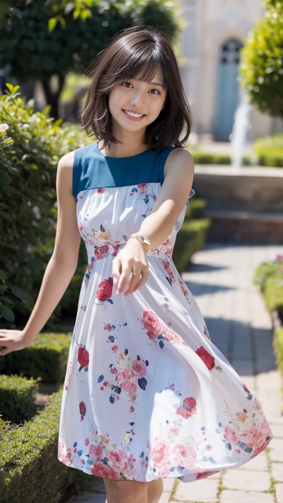 masterpiece, highest quality, disorganized, perfect ???????, 1 girl, alone, pascal tales, short hair, beautiful, Hilarious, sunny day, botanical garden, Summer winds, sundress, Floral, wavy hair, smile