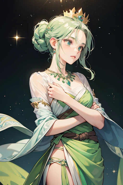 she is a light gray who wears a dark green loincloth with a light green leaf design, a dark red crown, and a light blue necklace. SPARKLE; GLITTER