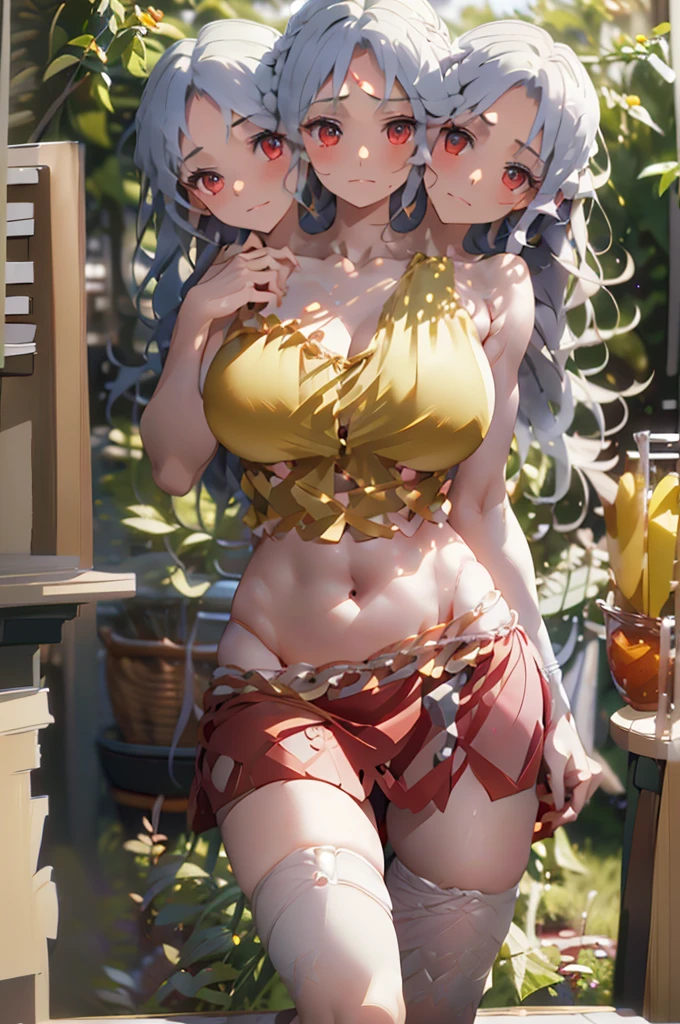 (masterpiece, best quality), best quality, (ultra-detailed), (3heads:1.5), 1girl, (nemuno sakata:1.3), masterpiece, best quality, ultra detail, ultra resolution, ultra detail, yellow/gold and orange top, crop top, ((stomach)), midriff, ((groin)), red skirt, normal ears, shackles, waist-length grey hair, very long hair, wavy hair, sidelocks, red eyes, very detailed eyes, parted lips, sweat, cute, open belly, toned belly, hand on own chest, eyelashes, (24 year old woman:1.3), (masterpiece:1.5), (best quality:1.5), (beautiful detailed extremely detailed CG, extremely delicate and beautiful, depth of field, (finely detailed face), (perfect details:1.2), (mature female:1.4), wide pelvis, slender, large veiny breast, 16k resolution, highres, very high quality, very high definition, extremely detailed, masterpiece, waist-length grey hair, long hair, alluring presence, braid, short skirt, close up, big tits, young,