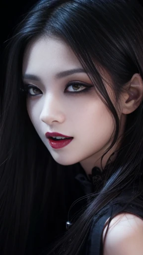 highest quality、masterpiece、8k、Award-winning works、Hyperrealism、Vampire Princess、、Photographing faces with beautiful composition、The most detailed and beautiful face、Cold look、look at me、Long eyelashes、Creepy Makeup、Black lipstick、purple eye shadow、Beautiful glossy lips、Top quality ultra HD skins、The most detailed eyes、High quality black camisole、Pitch black background、dark、Beautiful long hair、(Glowing Eyes、Sharp Fangs、Bloody mouth)